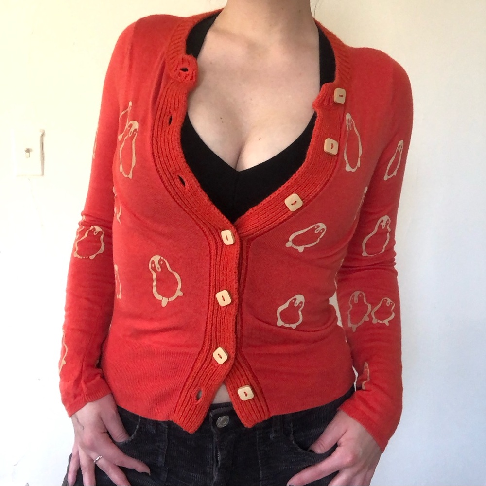 Anthropologie Field Flower Orange Penguin Print Cardigan